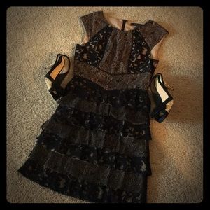 BCBGMAXAZRIA lace lace and nude dress with ruffles
